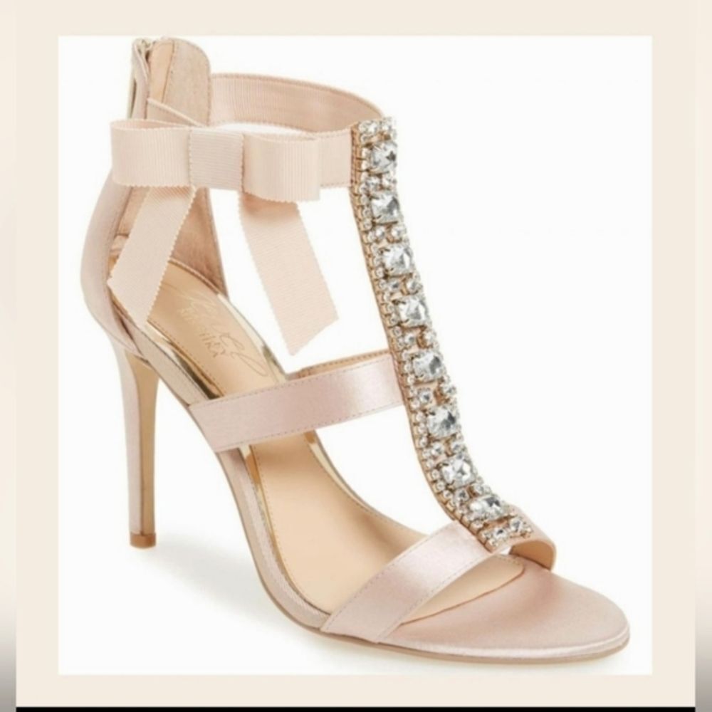 JEWEL BADGLEY MISCHKA Embellished T-Strap Heels Grosgrain Bow Champagne Size 6.5